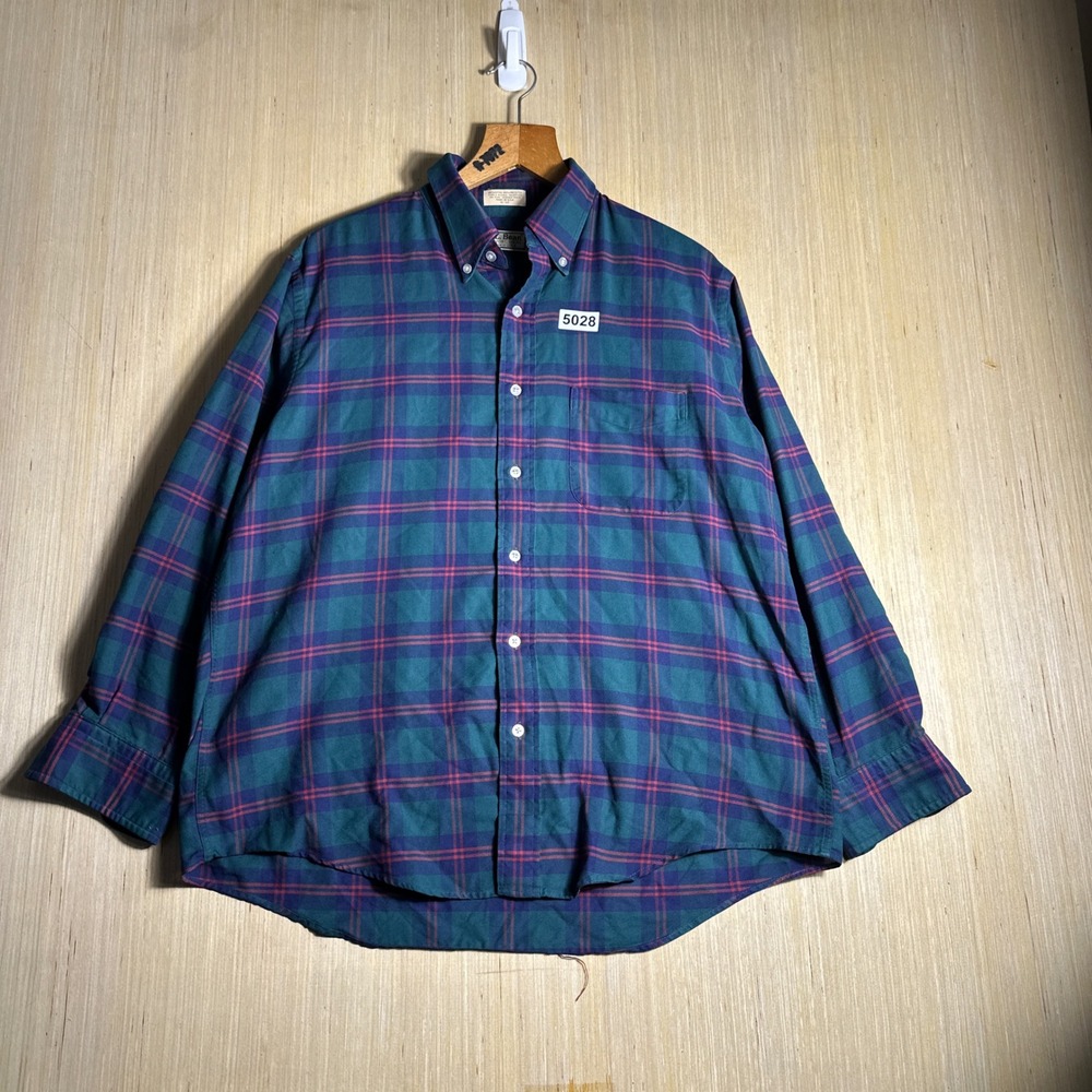 Vintage LL Bean Button Down Shirt Mens 16-32 Green Blue Plaid 90s Made in USA